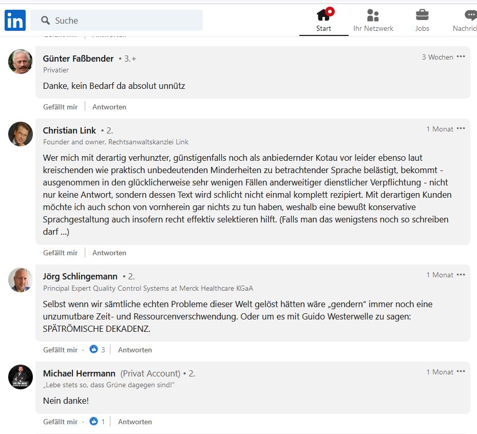 Screenshot mit Kommentaren gegen gendergerechte Sprache von Linkedin. Stichworte: unnötig, verhunzt, echte Probleme, Dekadenz. Es kommentieren: Günter, Christian, Jörg, Michael.
