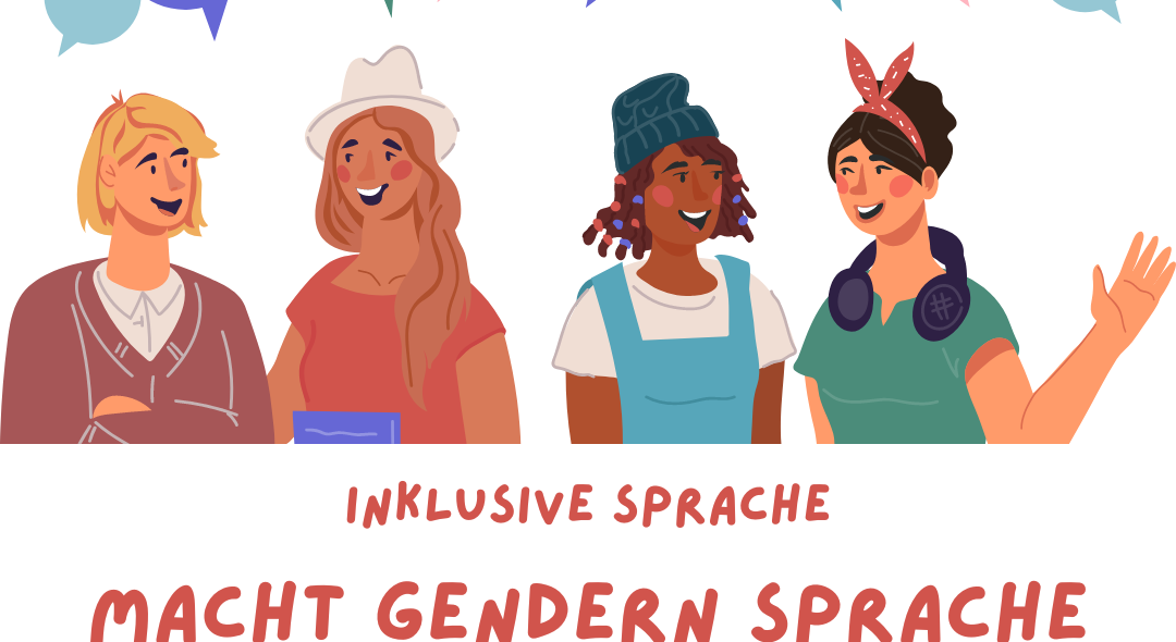 Zeichnung mit Menschen unterschiedlicher Herkunft und Sprechblasen. Darunter Text: Inklusive Sprache: Macht Gendern Sprache schwer verständlich?