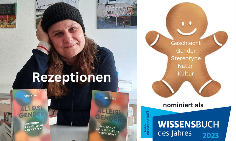 Links ein Foto mit der Autorin vor ihren Büchern, lächelt in Kamera, lange braune Haare, schwarze Wollmütze, Kopf in die Hand gestützt. Text auf dem Foto: Rezeptionen. Rechts oben: Lebkuchenmensch auf dessen Bauch steht: Geschlecht, Gender, Stereotype, Natur, Kultur. Rechts unten: nominiert als und Logo von Wissensbuch des Jahres 2023, Bild der Wissenschaft