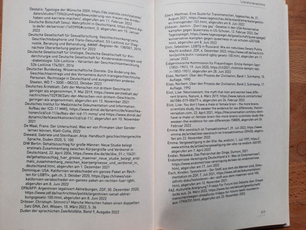 Foto Doppelseite, eng bedruckt mit Literaturangaben, aus dem Literaturverzeichnis von Alle(s) Gender, Seite 316 bis 317