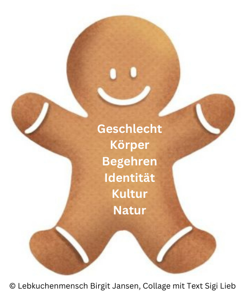 Illustration zu Geschlechtsdysphorie: Lebkuchenmensch mit Text im Bauch: Geschlecht, Körper, Begehren, Identität, Kultur, Natur