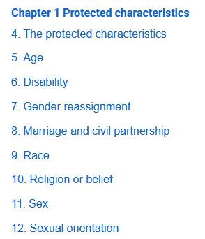 Wer ist eine Frau? Zum Urteil des Supreme Court in London Chapter 1 Protected characteristics 4.The protected characteristics 5.Age 6.Disability 7.Gender reassignment 8.Marriage and civil partnership 9.Race 10.Religion or belief 11.Sex 12.Sexual orientation