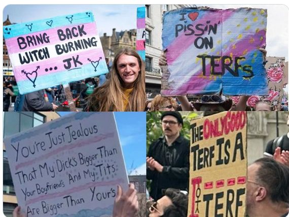 Wer ist eine Frau? Zum Urteil des Supreme Court in London Vier Fotos mit Protestierenden und Transparenten mit den Aufschriften: "Bring back witch burning", "I love pissin on TERFs", "You're just jealous that my dick's bigger than your boyfriends and my tits are bigger than your's" und "The only good TERF is a - Bild von Galgen mit aufgehängtem Strichmännchen" TERF"