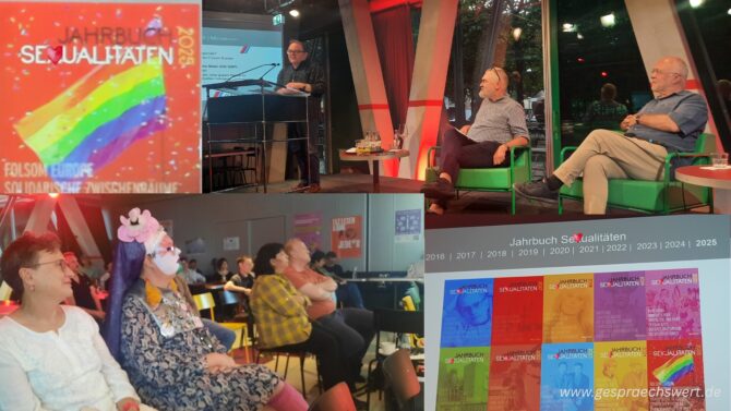 Foto-Collage Buchpräsentaton Jahrbuch Se?ualitäten 2025, oben links Cover Ausgabe 2025, unten rechts alle 10 bisherigen Buchcover, oben rechts Bühne mit zwei Männern in Sesseln und einen am Pult, der spricht. Unten links Publikum, Männer, Frauen, Queer.