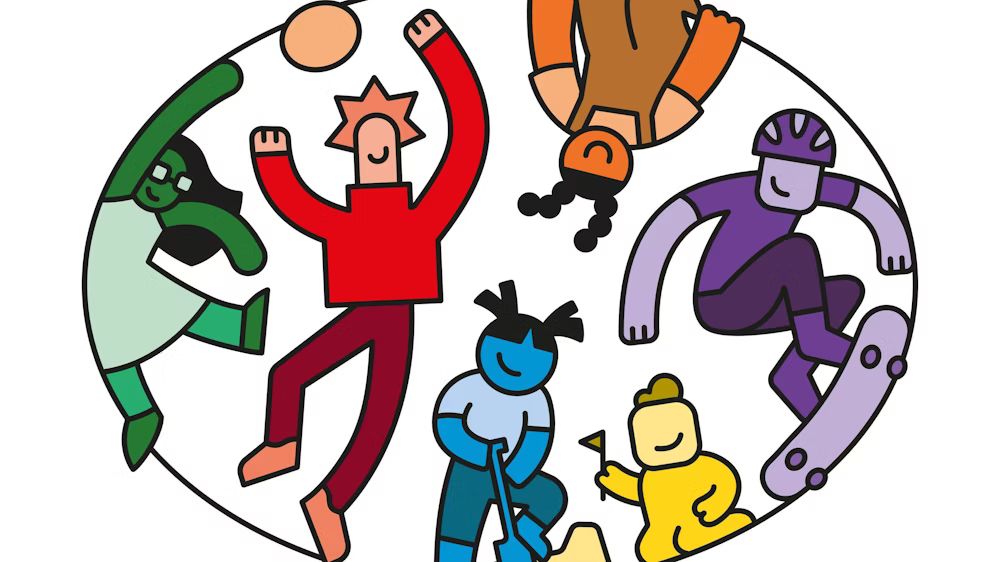 Bunte Illustration mit Kindern und Jugendlichen beim Sandspielen, Skaten, Turnen, Ballspielen.