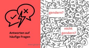 Schmuckbild zum Thema "Gendern oder nicht gendern?" Antworten auf häufige Fragen. Bild zeigt Buchstaben und streitende Sprechblasen, Farbwelt rot und schwerz.
