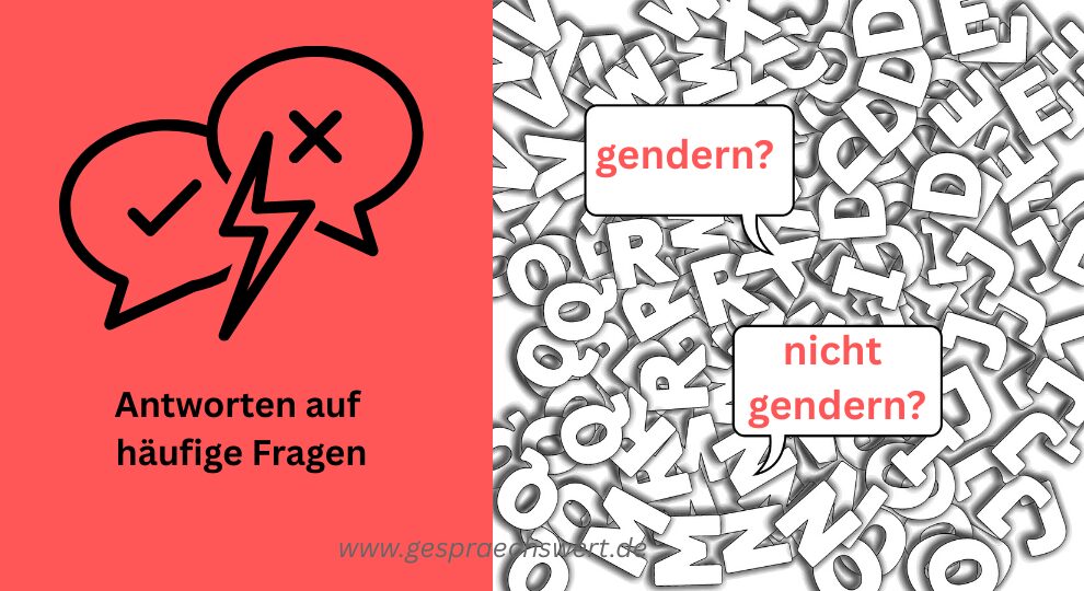 Schmuckbild zum Thema "Gendern oder nicht gendern?" Antworten auf häufige Fragen. Bild zeigt Buchstaben und streitende Sprechblasen, Farbwelt rot und schwerz.