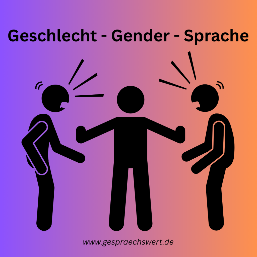 Woher kommen Gendern, Binnen-I und Genderstern? Streit um den Genderstern und die Rolle von Geschlecht und Gender in der Srache, Symbolbild von zwei streitenden Figuren mit einer Figur in der Mitte, die die dazwischen steht und die beiden Streitenden auf Abstand hält.
