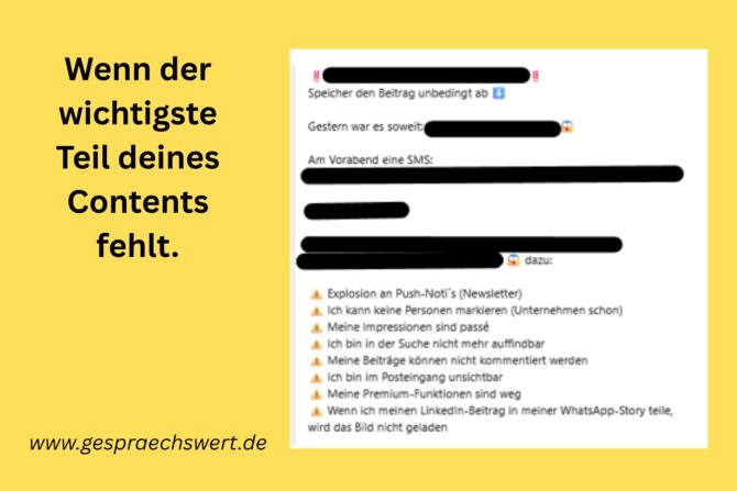 Screenshot von Posting, bei dem Textteile in Fettschrift und Kursivschrfit mittels Unicode geschwärzt sind. Dadurch sind Hook, Zwischenüberschriften, ein Zitat und andere wichtige Content-Elemente nicht mehr lesbar. Text: Wenn der wichtigste Teil deines Contents fehlt. www.gespraechswert.de Symbolbild für fehlende Barrierefreiheit