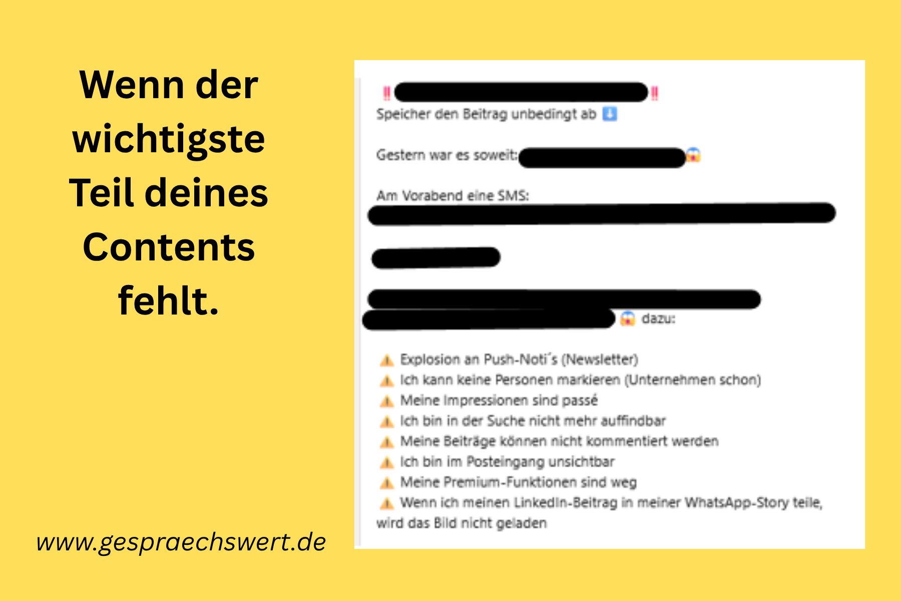 Screenshot von Posting, bei dem Textteile in Fettschrift und Kursivschrfit mittels Unicode geschwärzt sind. Dadurch sind Hook, Zwischenüberschriften, ein Zitat und andere wichtige Content-Elemente nicht mehr lesbar. Text: Wenn der wichtigste Teil deines Contents fehlt. www.gespraechswert.de Symbolbild für fehlende Barrierefreiheit