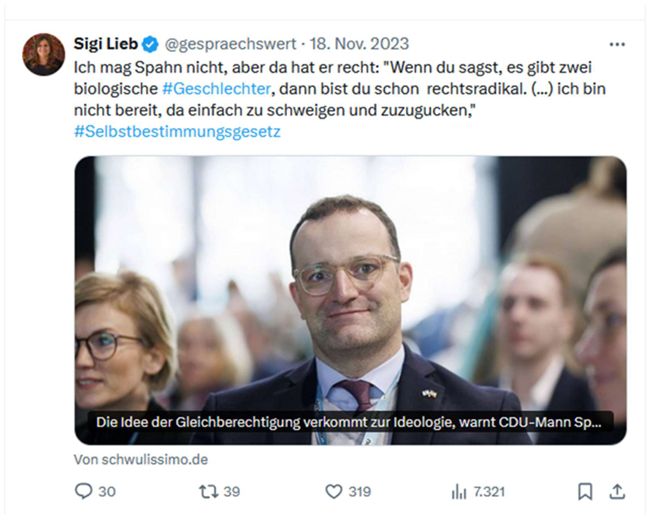 Debattenkultur: Darum wurde ich gecancelt X-Post von Sigi Lieb, @gespraechswert vom 18. Nov. 2023 "Ich mag Spahn nicht, aber da hat er recht: "Wenn du sagst, es gibt zwei biologische #Geschlechter, dann bist du schon rechtsradikal. (...) ich bin nicht bereit, da einfach zu schweigen und zuzugucken," #Selbstbestimmungsgesetz https://t.co/rExC6cn7pR", geteilter Artikel von Schwulissimo.de mit Foto, auf dem der CDU-Politiker Jens Spahn zu sehen ist.