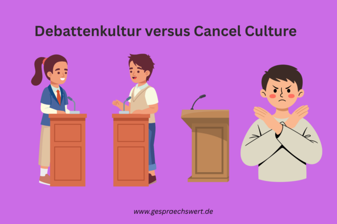 Debattenkultur: Darum wurde ich gecancelt Symbolbild mit Text: Debattenkultur versus Cancel Culture links zwei Figuren an Stehpulten die debattieren. Rechts ein leeres Stehpult und eine grimmig schauende Figur die die Arme zum X kreuzt. www.gespraechswert.de