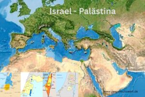 Symbolische Weltkarte mit Fokus auf Mittelmeer, Sinai und Westasien. Unten vier Karten von Israel-Palästina vom Königreich Isarale über den UN-Teilungsplan bis zu den heute bestetzten Gebieten. Text: Israel-Palästina. www.gespraechswert.de
