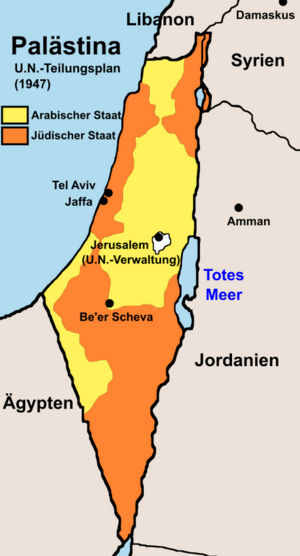 Woher kommen die Namen Palästina und Israel? Karte zeigt den UN-Teilungsplan von 1947, der die Region in jüdische und arabische Gebiete unterteilt sowie die Grenzen zu Ägypten, Jordanien, Syrien und dem Libanon