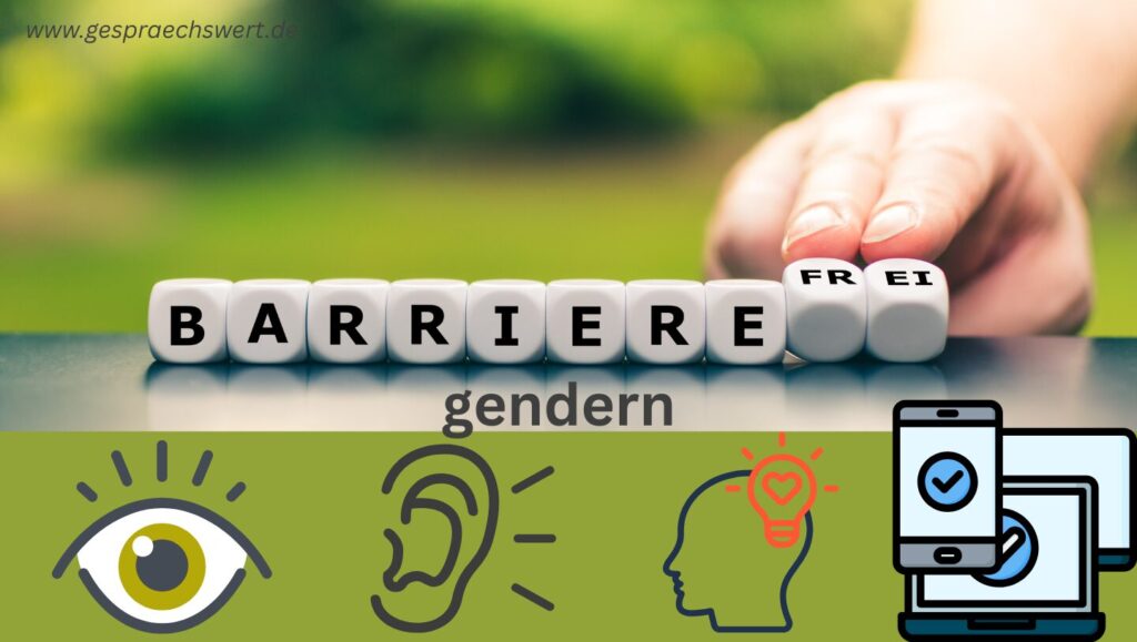 Symbolbild Sprachwandel gestalten: Barrierefrei gendern steht in der Mitte, wobei zwei Finger gerade Würfel mit dem Text frei umdrehen. Darunter symbooisch Auge, Ohr, Kopf und Bildschirm für Zugänglichkeit und Verständlichkeit von Sprache.