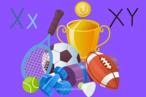 Frauenrechte und Geschlechtstests im Sport - Symbolbild mit XX, XY, diversen Sportgegenständen und einem Pokal.