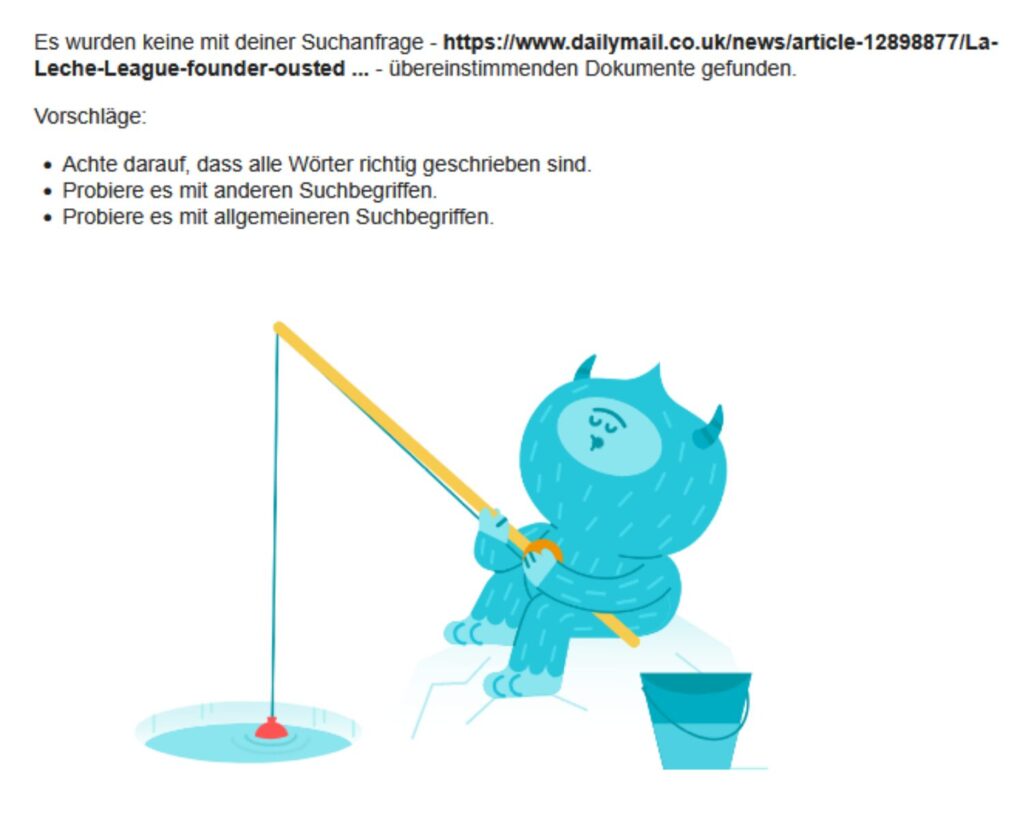 Screenshot der Google-Anzeige, wenn ein Link nicht existiert. Figur angelt in Eisloch plus Fehlermeldung, dass Link nicht gefunden wurde.