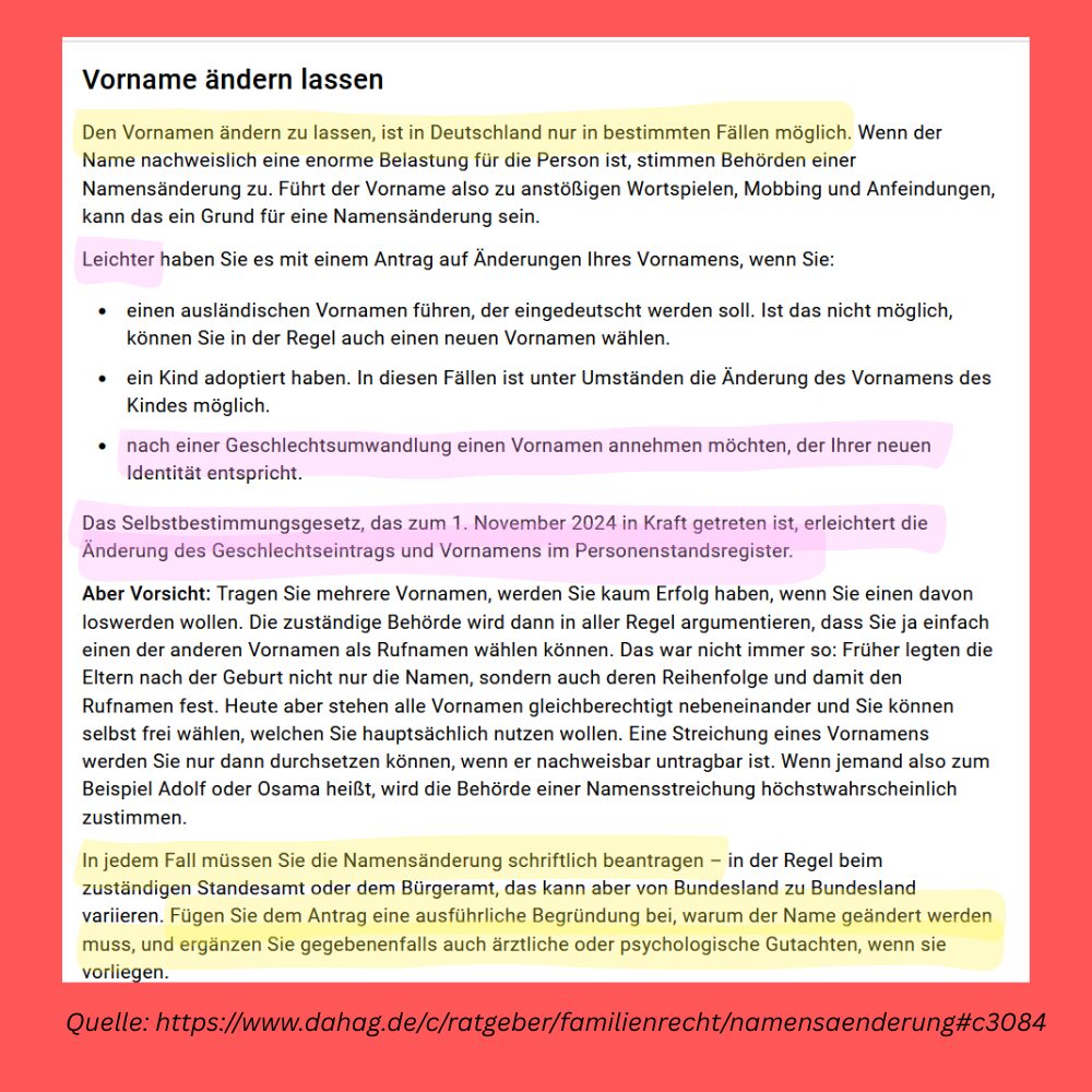 Das Selbstbestimmungsgesetz und die Debatte um seine Änderung Textausschnitt mit Markierungen von https://www.dahag.de/c/ratgeber/familienrecht/namensrecht/namensaenderung#c3084 - zum Vornamensrecht, die Textaussagen belegen