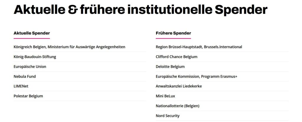 Totalitäre Denke: An ihrem Sprachstil sollt ihr sie erkennen Text: Aktuelle und frühere institutionelle Spender Aktuelle Spender Königreich Belgien, Ministerium für Auswärtige Angelegenheiten König-Baudouin-Stiftung Europäische Union Nebula Fund LIMENet Polestar Belgium Frühere Spender Region Brüssel-Hauptstadt, Brussels.International Clifford Chance Belgium Deloitte Belgium Europäische Kommission, Programm Erasmus+ Anwaltskanzlei Liedekerke Mini BeLux Nationallotterie (Belgien) Nord Security
