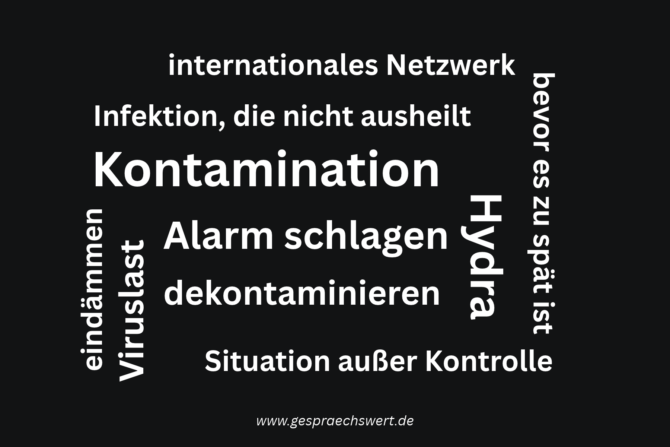Totalitäre Denke: An ihrem Sprachstil sollt ihr sie erkennen Weiße Wortwolke auf schwazrem Grund. Begriffe: Kontamination, Hydra, Alarm Schlagen, dekontaminieren, Viruslast, einämmen, Infektion, die nicht ausheilt, internationales Netzwerk, Situation außer Kontrolle, bevor es zu spät ist. - Grafik von: www.gespraechswert.de